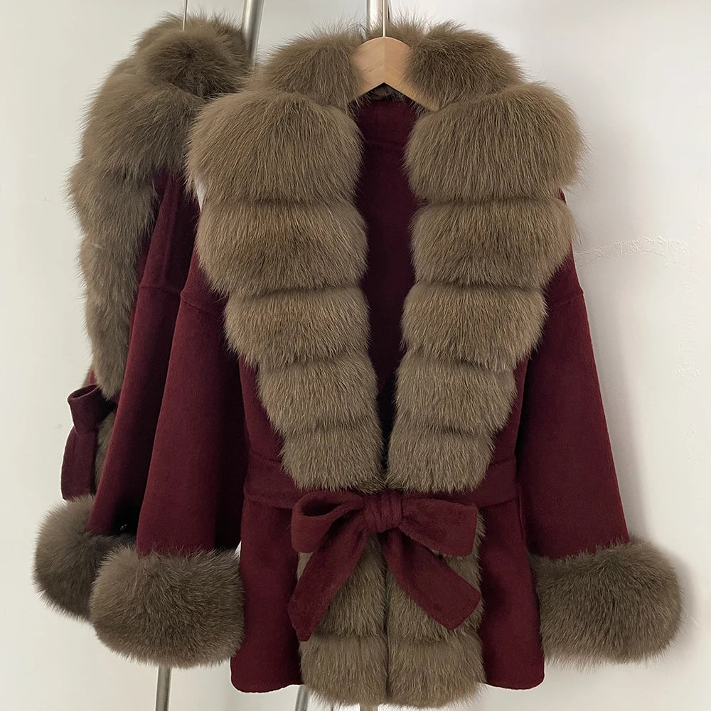 OFTBUY Big Natural Fox Fur Pinnacle 100% Wool Coat Female New Autumn Winter Clothes Women Belt Natural Fur Collar Woolen Jacket