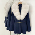 OFTBUY New Autumn Winter Luxury Fashion Outerwear Lady Women's Knit Coat with Large Real Fox Fur Collar Belt Textured Knit Warm