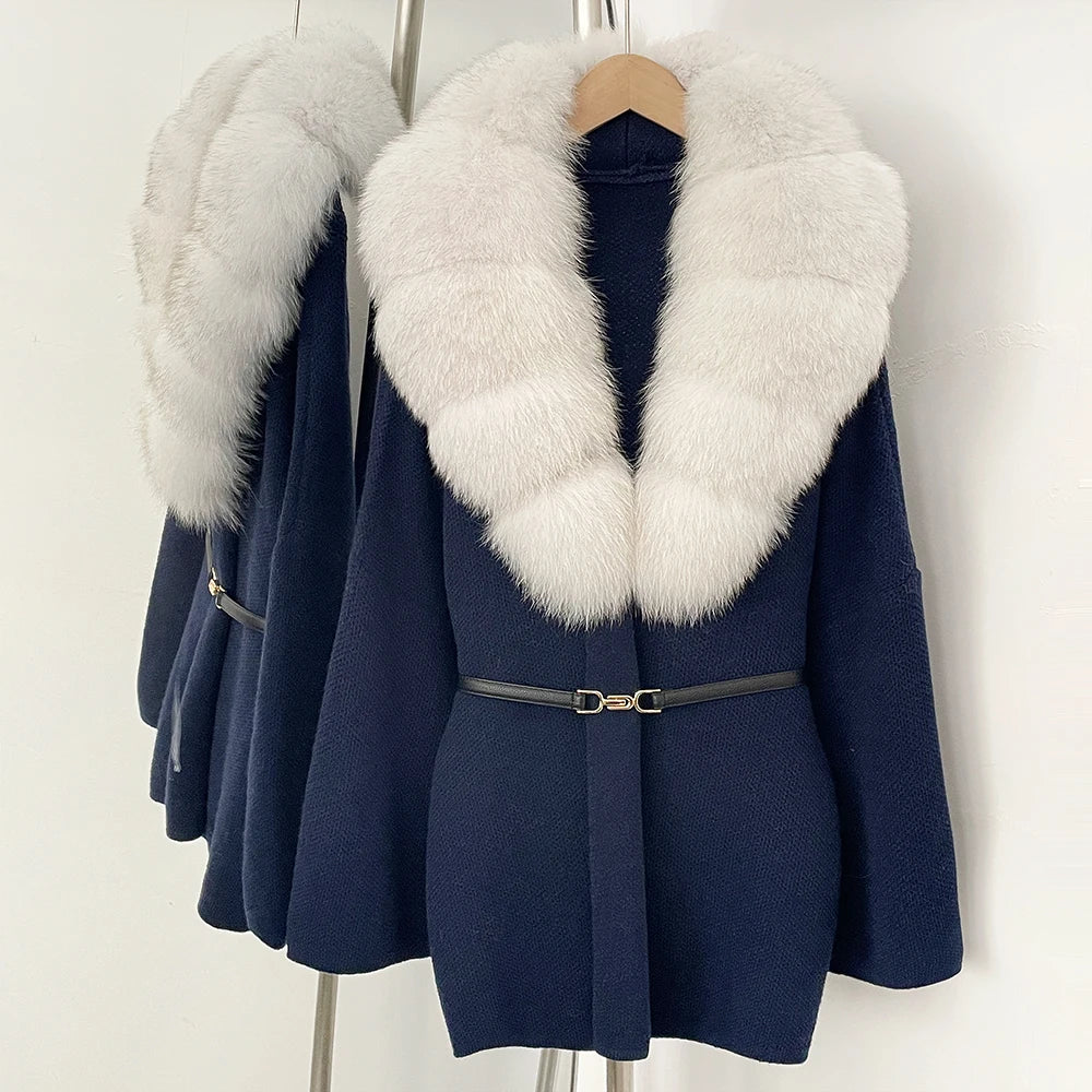 OFTBUY New Autumn Winter Luxury Fashion Outerwear Lady Women's Knit Coat with Large Real Fox Fur Collar Belt Textured Knit Warm