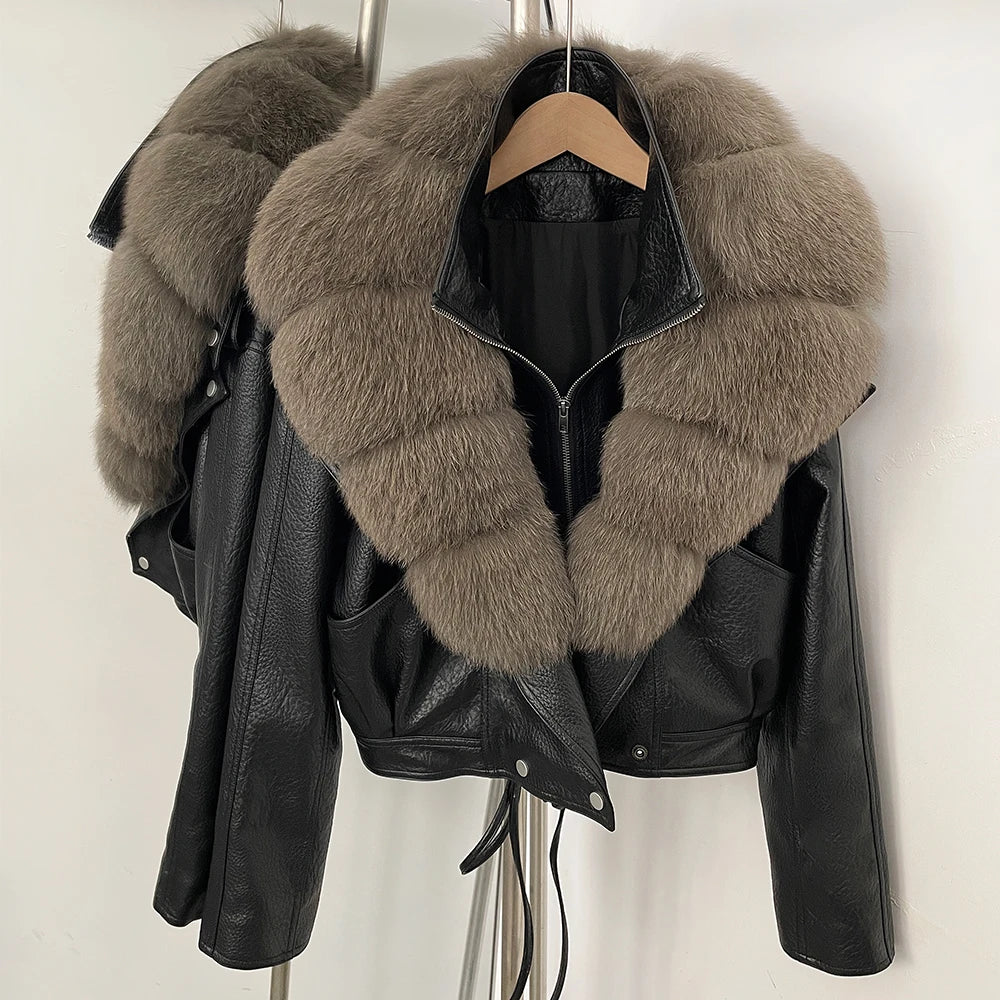 OFTBUY Women's Black Faux Leather Moto Jacket with Real Fox Fur Collar PU Leather Cropped Biker Coat Female New Winter Outerwear