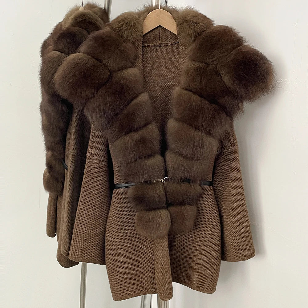 OFTBUY Fashion Belt Warm Sweater Female Natural Fur Loose Cadigan Coat Women Medium Length Knit Jacket with Real Fox Fur Collar