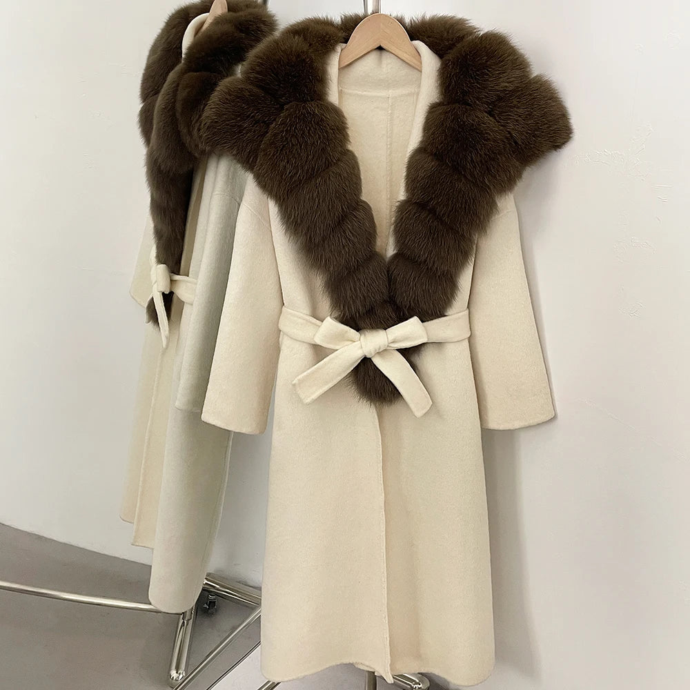 OFTBUY Long Belt Real Fur Wool Coat Female New Autumn Winter Warm Clothes Women Natural Fox Fur Collar Cashmere Woolen Jacket