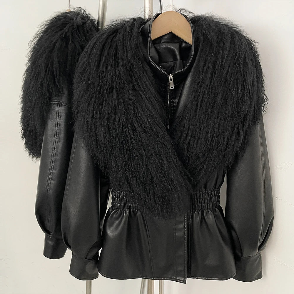 OFTBUY New Spring Autumn Faux Leather Jacket Female Real Mongolia Sheep Fur Pu Leather Coat Women Luxury Fashion Streetwear