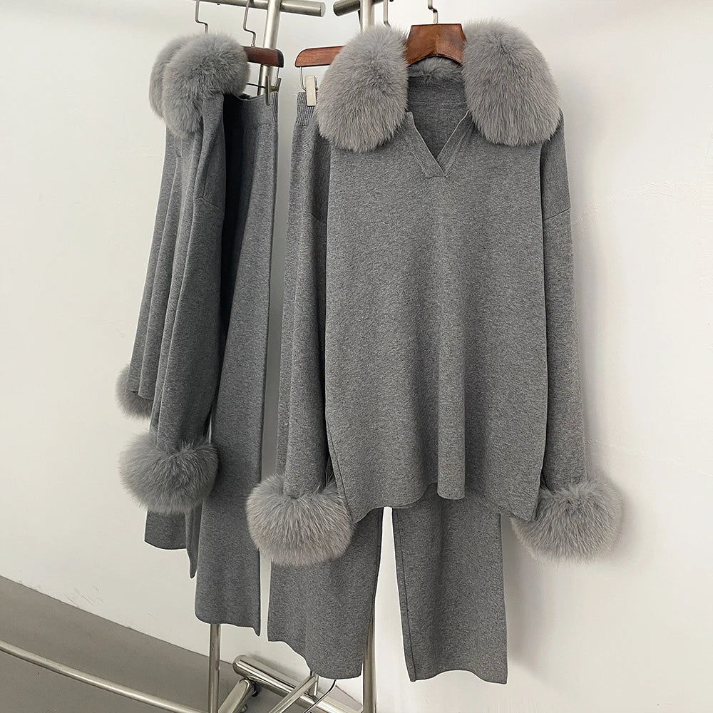 OFTBUY New Autumn Winter Clothing Women Fashion Real Fox Fur Collar Sweater Suit Female Raccoon Fur Pullovers Trousers Set Lady