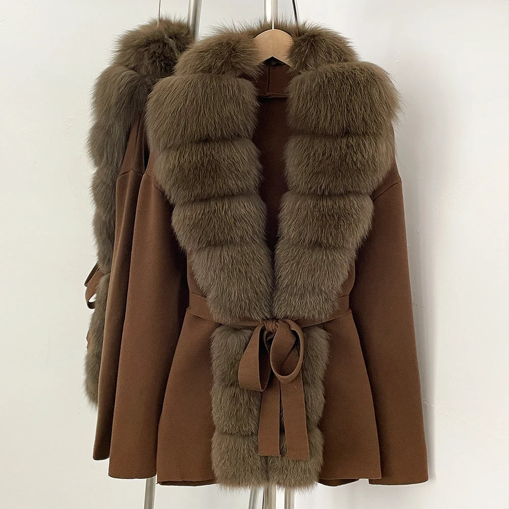 OFTBUY Luxury Warm Winter Fashion Outerwear New Women's Knit Cardigan with Oversized Real Fox Fur Trim Self-Tie Belt Sweater