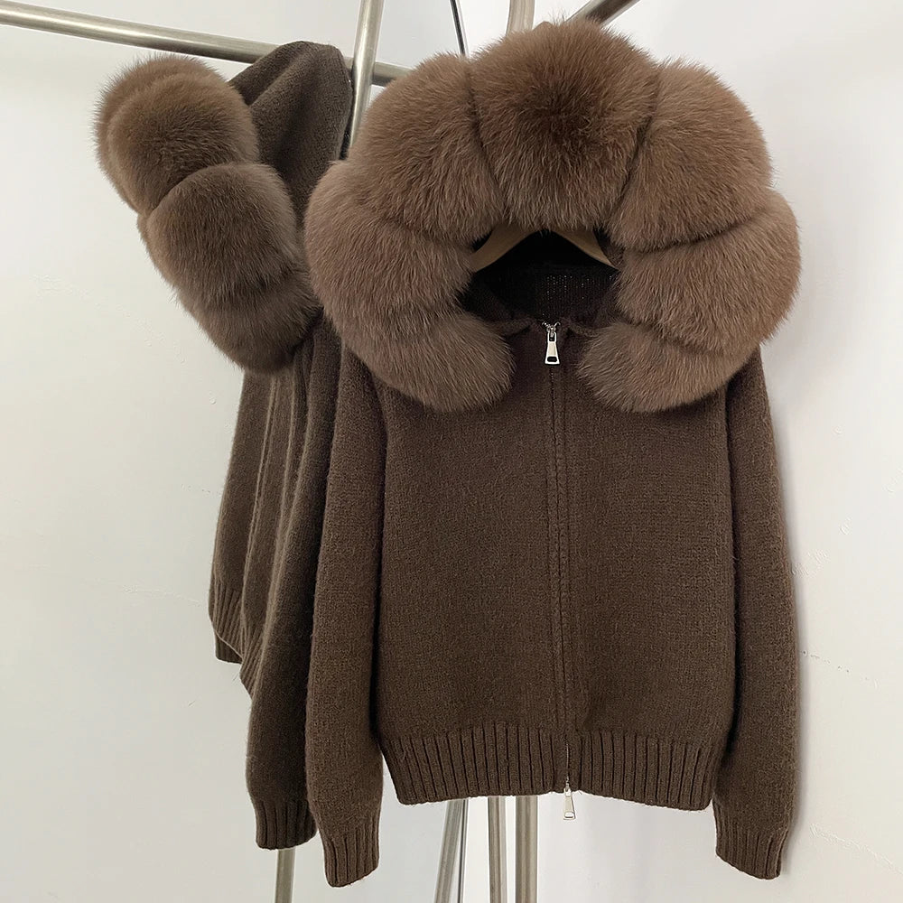 OFTBUY Luxury Knitted Zip-Up Hoodie with Oversized Real Fox Fur Hood - Premium Apres-Ski Luxe Loungewear