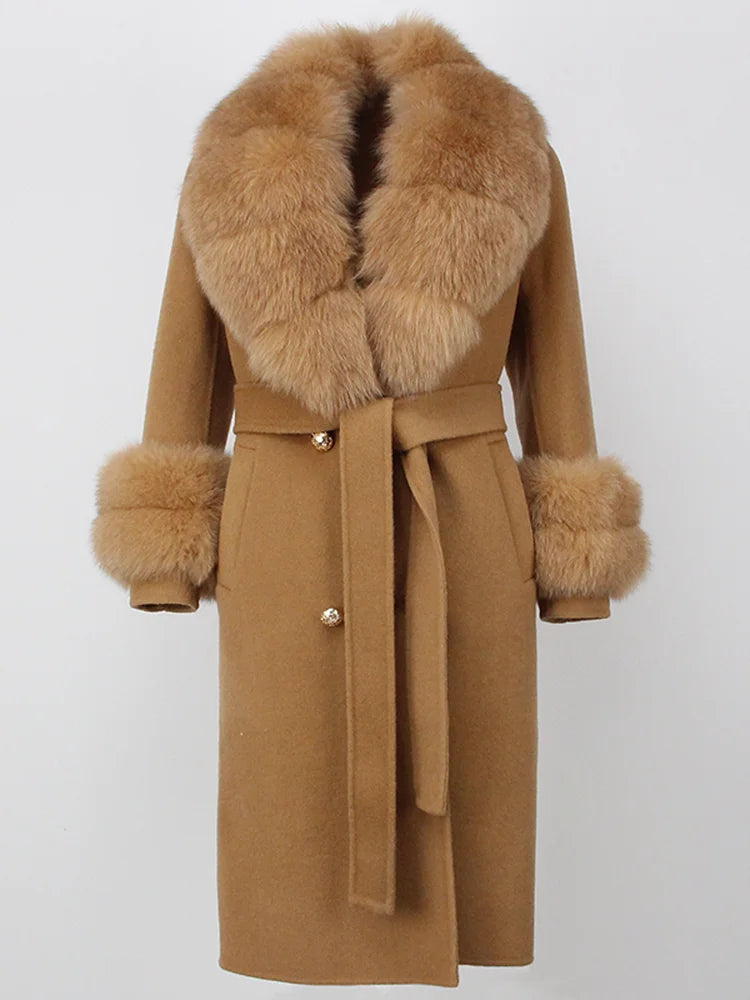 OFTBUY Winter Jacket Women Long Natural Wool Blends Cashmere Real Fur Coat Double Breasted Belt Warm Streetwear New Fashion
