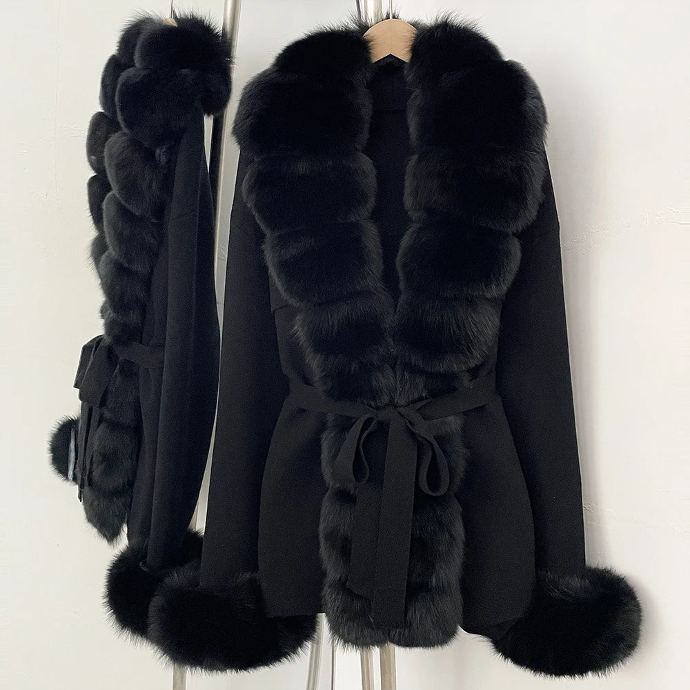 OFTBUY New Spring Autumn Clothing Women Fashion Real Fox Fur Kint Cardigan Female Belt Luxury Loose Fur Cuffs Sweater Jacket