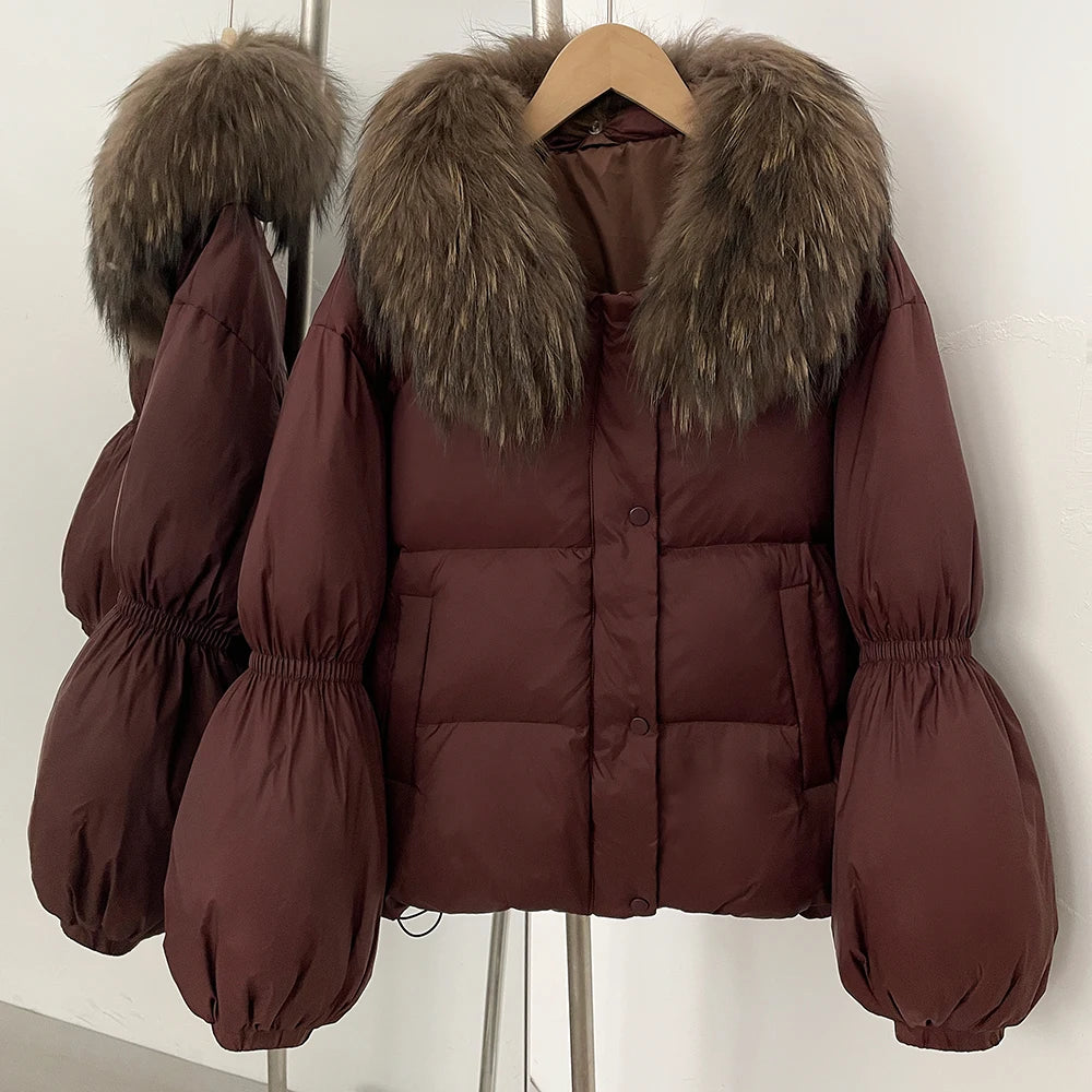 OFTBUY New Winter Loose Top Clothes Women Real Fox Fur Fluffy Puffer Jacket Female Lantern Sleeves Natural Fur Collar Down Coat