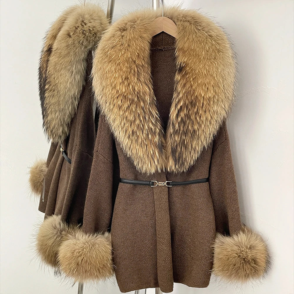OFTBUY Belt Knit Warm Winter Luxury Casual Fashion Outerwear Sweater Female New Women's Knit Coat with Large Real Fox Fur Collar
