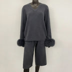 OFTBUY New Women's Knitted Two Piece Set with Real Fox Fur Cuffs V Neck Warm Winter Casual Elegant Outfit Sweater Female