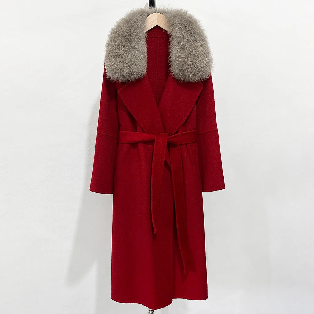 OFTBUY New Autumn Winter Long Clothing Women Fashion Warm Wool Coat with Real Fox Fur Collar Belt Elegant Woolen Jcacket Female