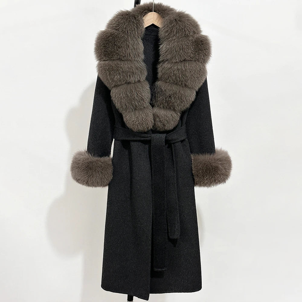 OFTBUY Fashion Warm Woolen Jacket with Real Fox Fur Collar and Cuffs New Autumn Winter Wool Clothing Women Long Belt Outerwear