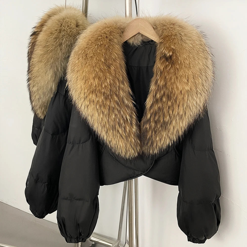 OFTBUY New Winter Real Fox Fur Short Puffer Jackets Women Natural Thick Warm 90% White Duck Down Cropped Loose Waterproof Coat