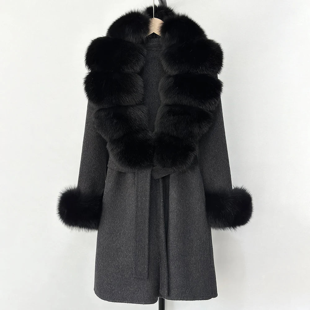 OFTBUY New Autumn Winter Top Clothes Women Belt Natural Fur Wool Coat Female Fashion Warm Woolen Jacket with Real Fox Fur Collar