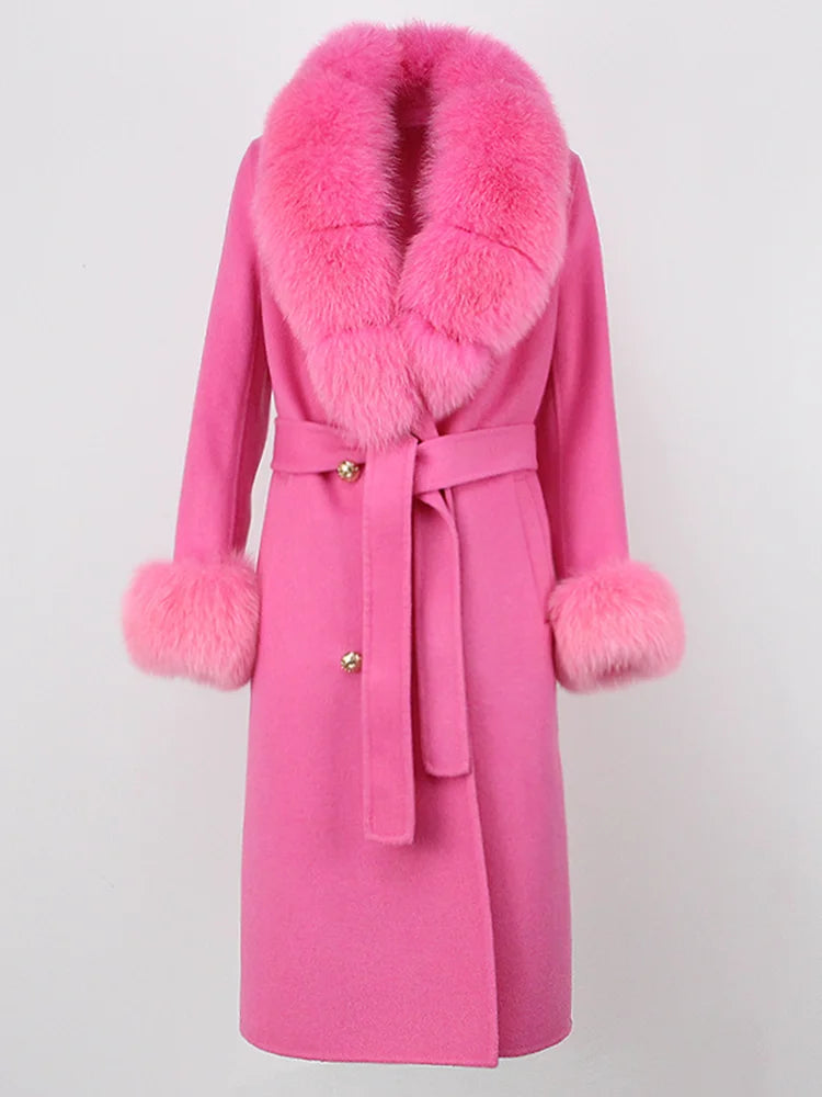OFTBUY Winter Jacket Women Long Natural Wool Blends Cashmere Real Fur Coat Double Breasted Belt Warm Streetwear New Fashion