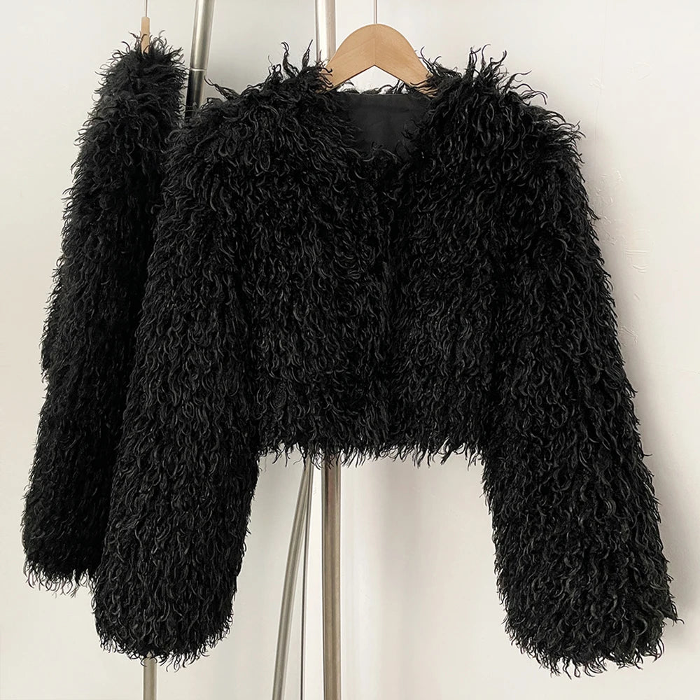 OFTBUY Faux Fur Coat for Women Fur Fluffy Autumn Short Fur Coat Eco-friendly Warm Female New Winter Jacket Long Sleeves O-neck