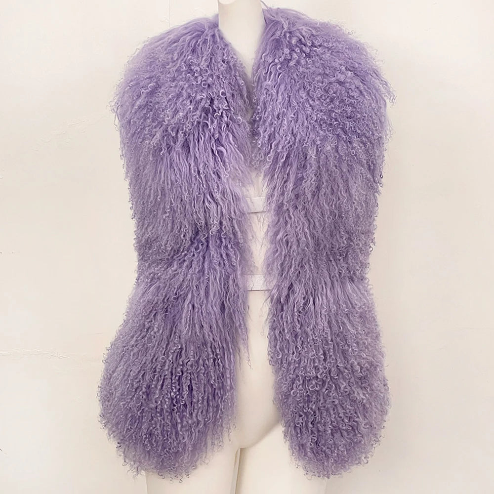 OFTBUY Solid Deep V-Neck Backless Bandage Sleeveless Jackets Fluffy Luxury Real Mongolian Fur Halter Vests Women Outerwear Coat