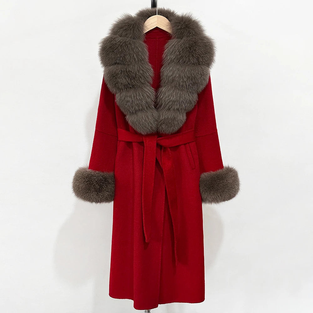 OFTBUY New Women's Double-Faced Wool Coat with Large Real Fox Fur Belted Warm Winter Luxury Fashion Outerwear Woolen Jacket Lady
