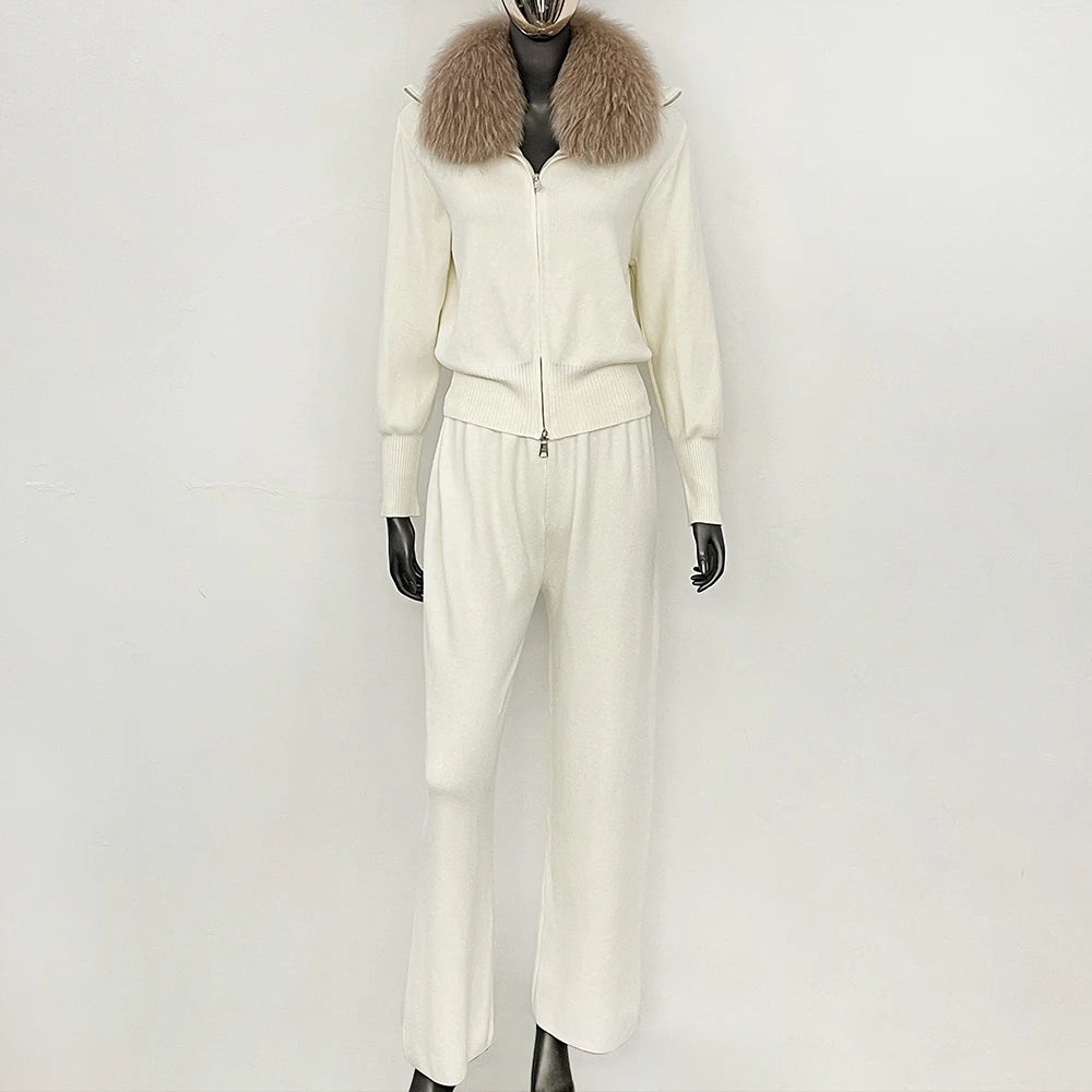 OFTBUY Winter New Women's Knitted Tracksuit Set with Fox Fur Collar Zipper Jacket Wide Leg Pants Luxury Casual Two-Piece Outfit