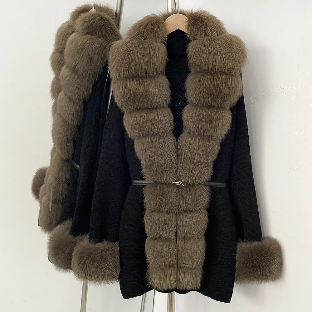 OFTBUY Belt Textured Knit Warm Winter Luxury Outerwear Female Sweater Cardigan New Women's Knit Coat with Large Real Fox Fur
