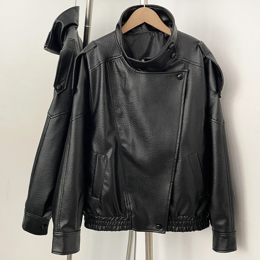 OFTBUY Womens Oversized Faux Leather Bomber Jacket