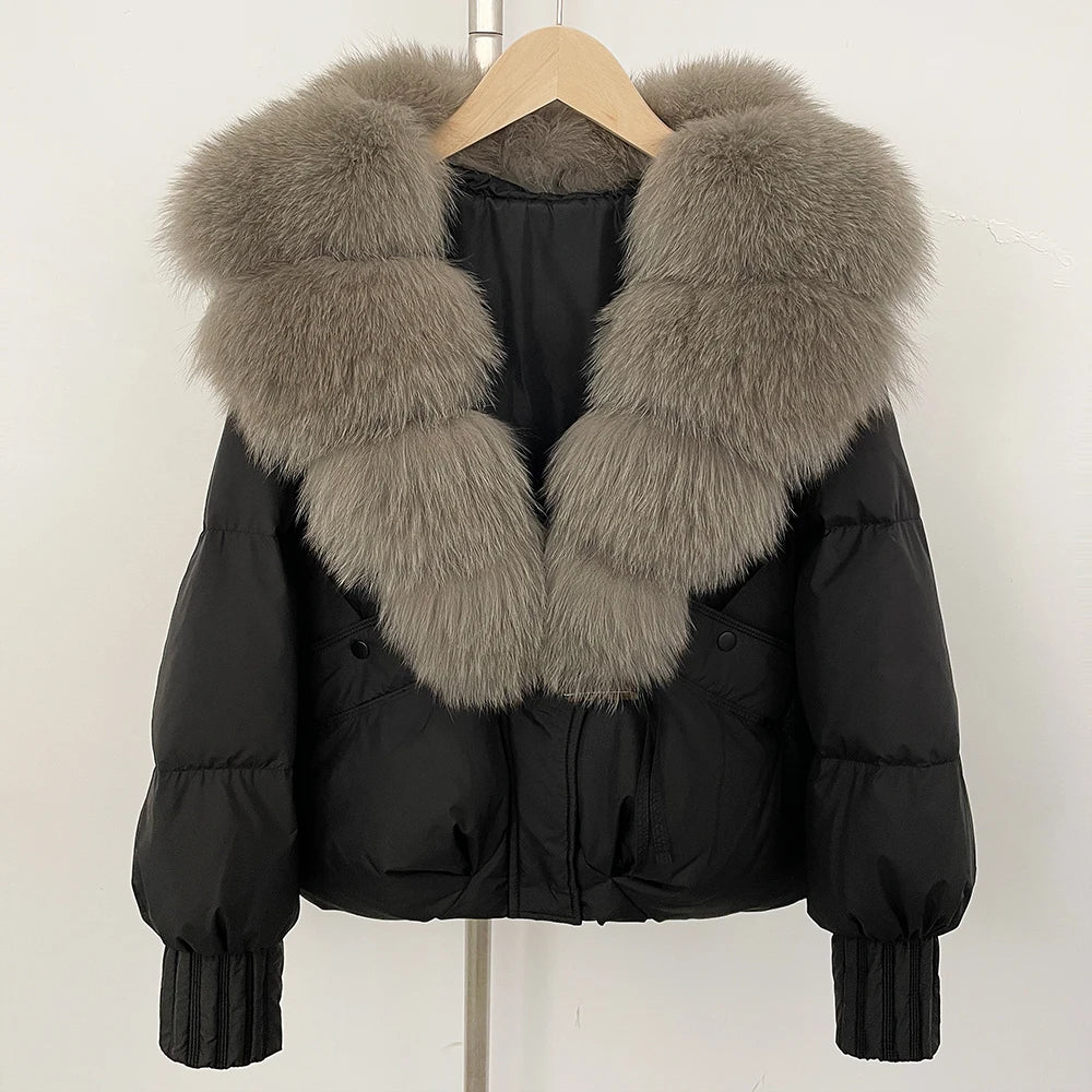 OFTBUY Luxury 90% Duck Down Puffer Jacket with Oversized Real Fox Fur Collar - Short Tiered Winter Coat
