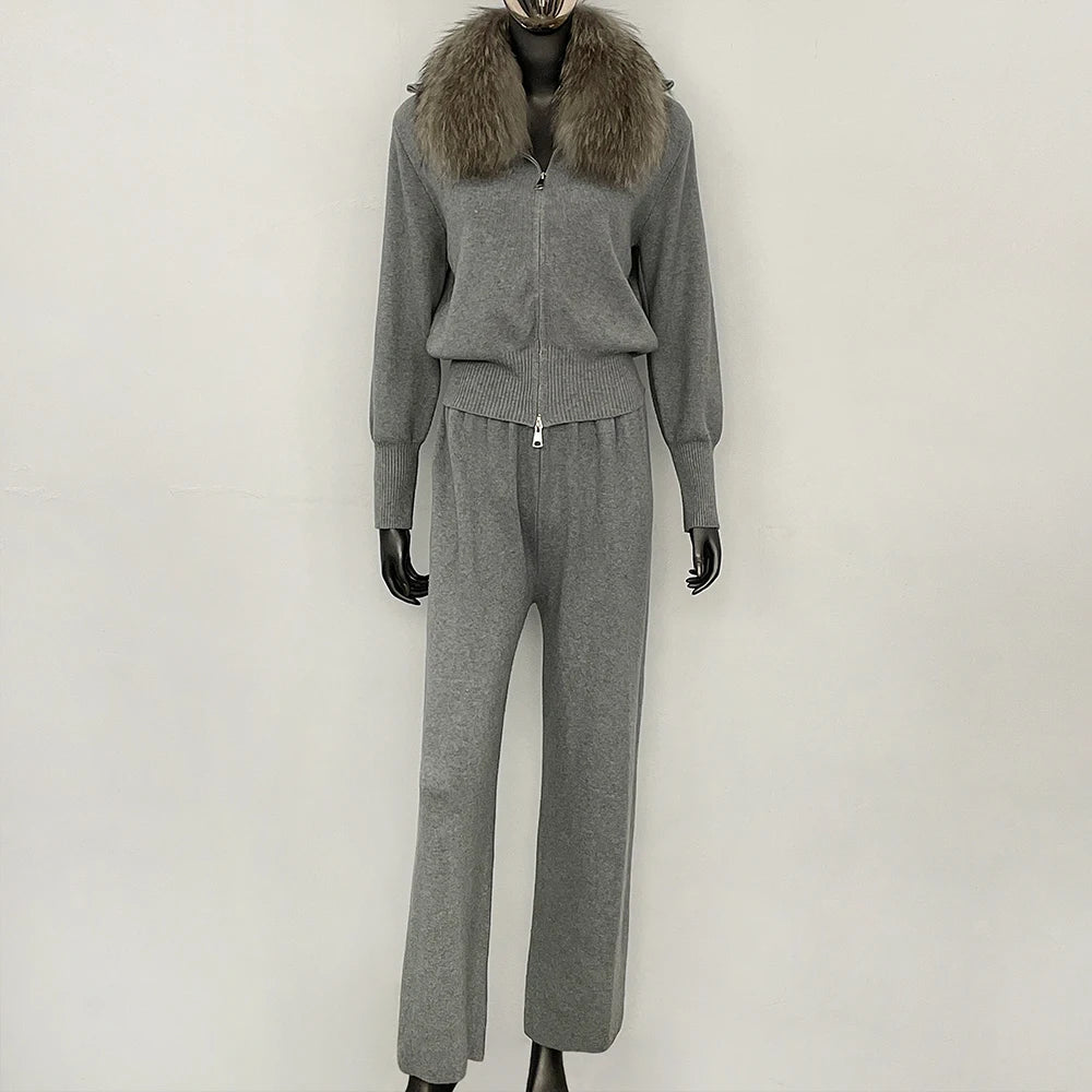 OFTBUY Winter New Women's Knitted Tracksuit Set with Fox Fur Collar Zipper Jacket Wide Leg Pants Luxury Casual Two-Piece Outfit
