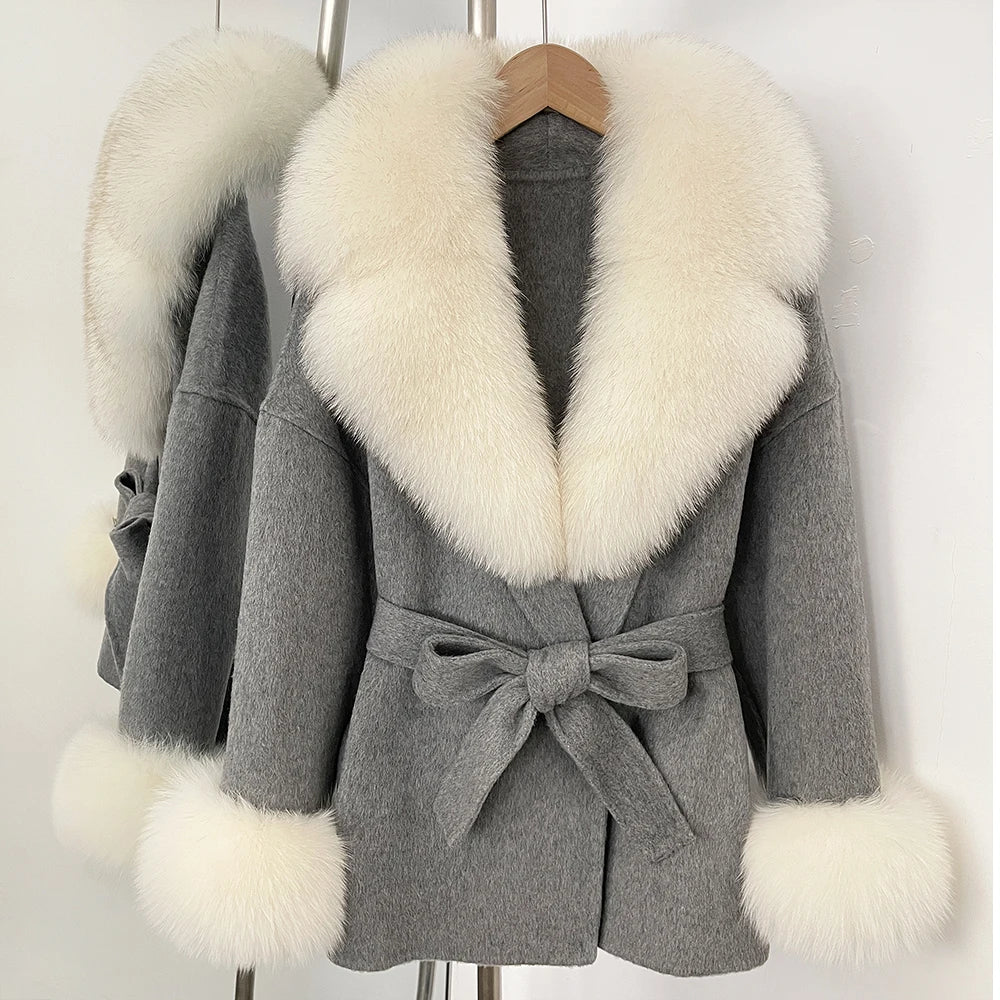 OFTBUY New Women's Double-Faced Wool Coat with Large Real Fox Fur Collar Cuffs Belted Warm Winter Elegant Fashion Outerwear Lady