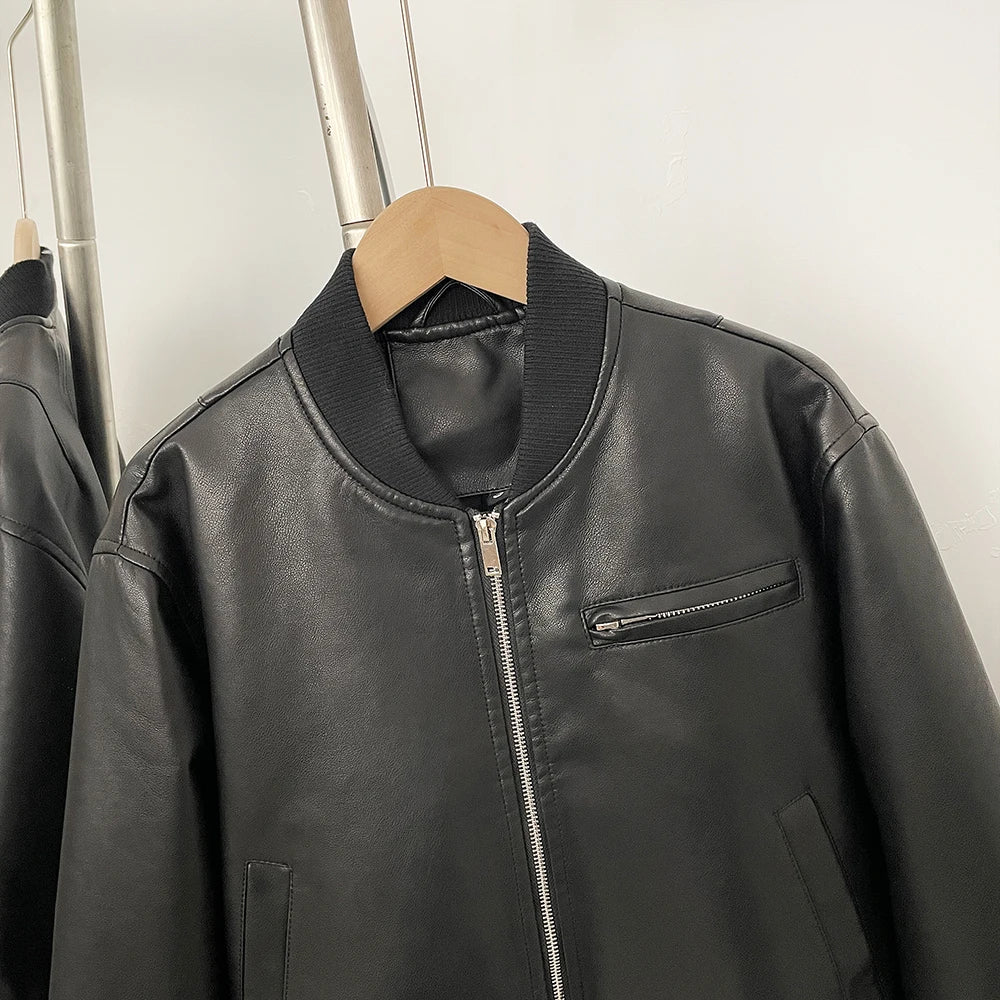 OFTBUY New Spring Autumn Faux Leather Jacket Female Fashion Knitted Collar Fake Leather Coat Women High Quality Black Clothes