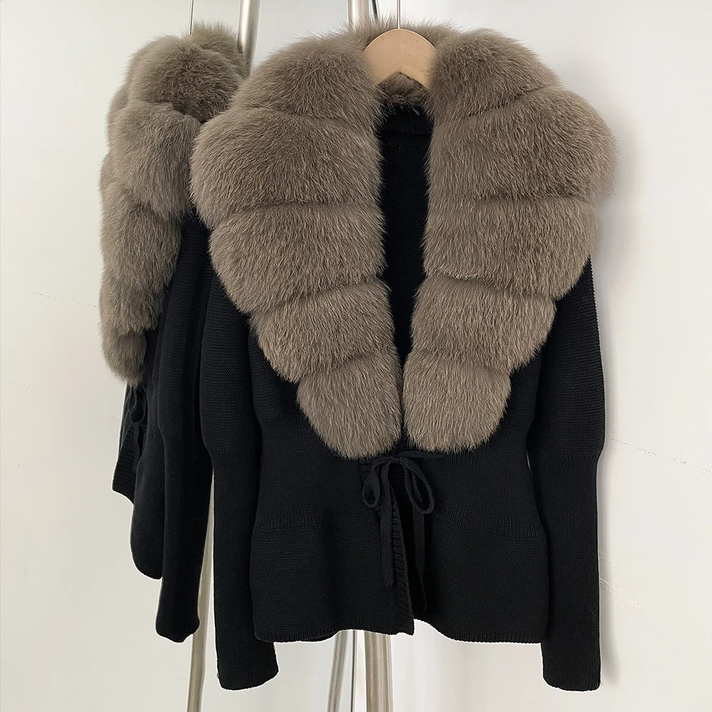OFTBUY Luxury 100% Cotton Jacket with Real Fox Fur Collar New Autumn Winter Knit Cardigan Women Slim Warm Sweater Outerwear Lady