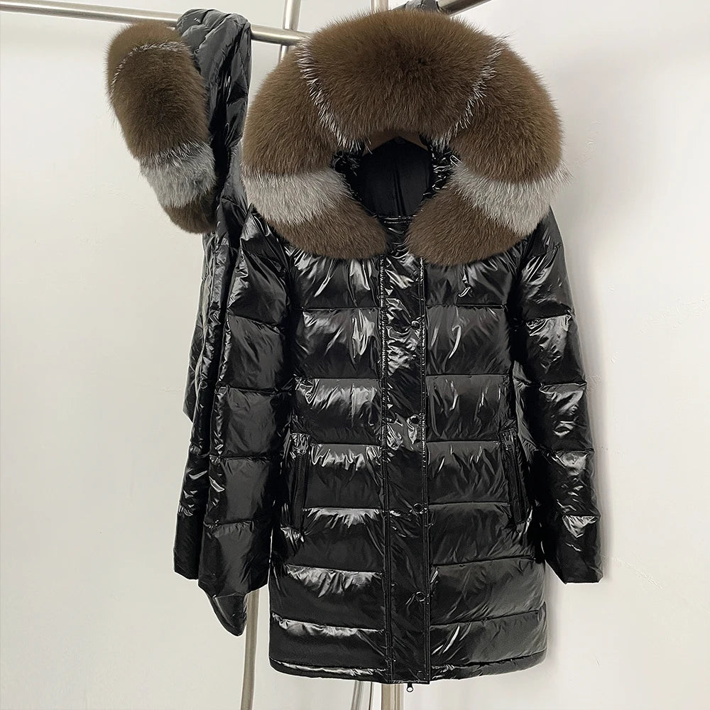 OFTBUY New Hood Collar Luxury Warm Winter Women's Shiny Puffer Jacket with Real Raccoon Fox Fur Outerwear Duck Down Coat Female