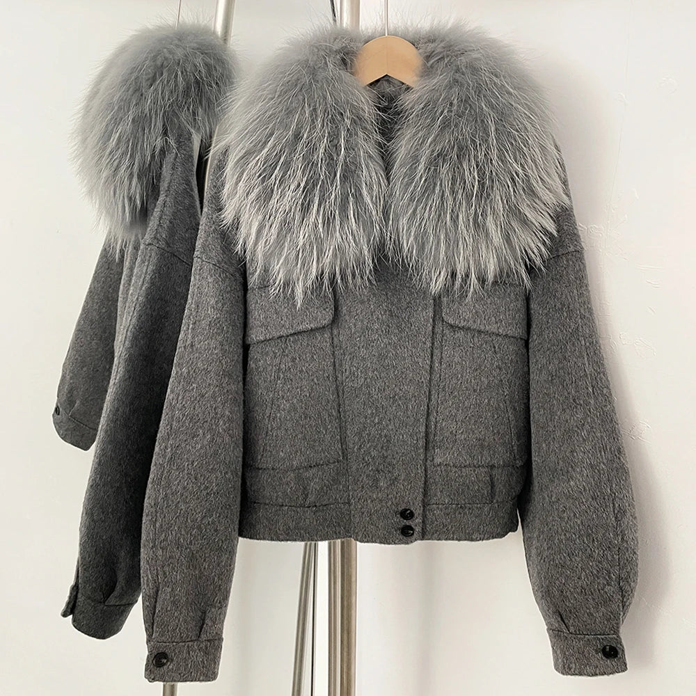 OFTBUY Short 100% Wool Coat Fahsion New Autumn Winter Real Fox Fur Top Clothes Women Natural Fur Cashmere Woolen Jacket Female