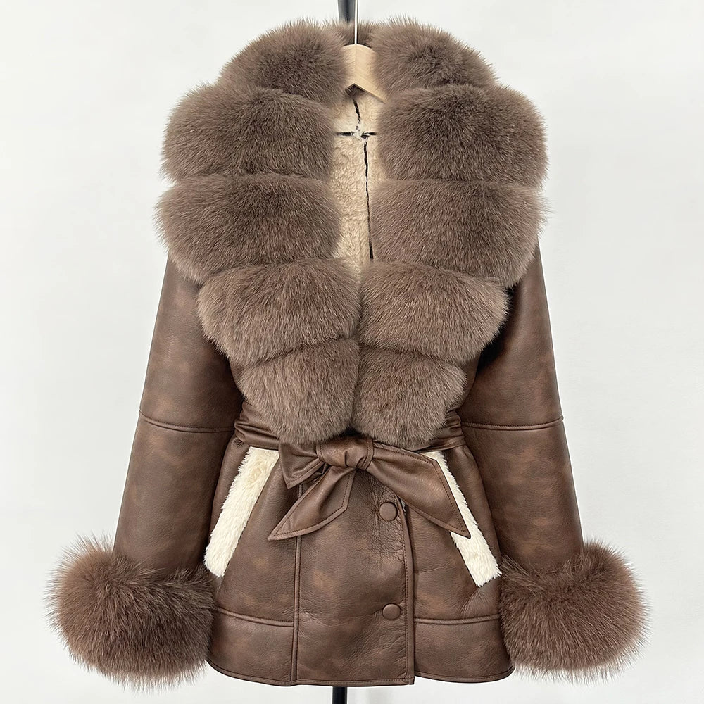 OFTBUY Large Natural Fox Fur Women Faux Leather Jacket Autumn Winter Fashion Ladies Warm Retor Faux Lamb Fur Coat Outwear