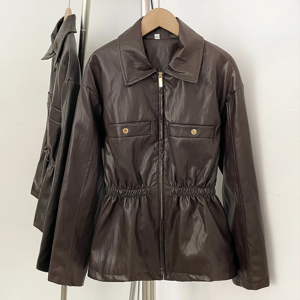 OFTBUY New Women's Faux Leather Jacket Lapel Collar Zipper Elastic Waist Pockets Elegant Fashion Outerwear Vintage Coat Female