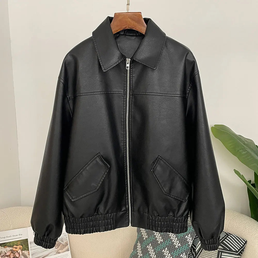 OFTBUY Women's Faux Leather Zip Up Jacket Lapel Collar PU Coat with Pockets new autumn winter Casual Vintage Outerwear female
