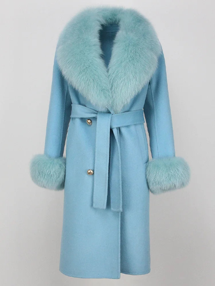 OFTBUY Winter Jacket Women Long Natural Wool Blends Cashmere Real Fur Coat Double Breasted Belt Warm Streetwear New Fashion