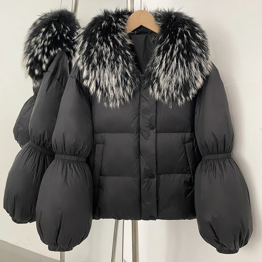 OFTBUY New Winter Loose Top Clothes Women Real Fox Fur Fluffy Puffer Jacket Female Lantern Sleeves Natural Fur Collar Down Coat