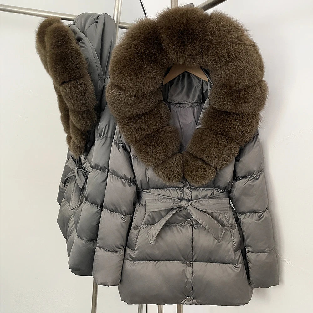 OFTBUY New Women's Duck Down Jacket with Large Real Fox Fur Hood Belted Waist Warm Winter Puffer Coat Lady Luxury Outerwear