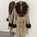 OFTBUY Winter Elegant Outerwear Warm Long Coat Lady New Women's Knit Coat with Large Real Fox Fur Collar Belted Cardigan Female