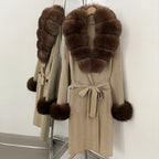 OFTBUY Winter Elegant Outerwear Warm Long Coat Lady New Women's Knit Coat with Large Real Fox Fur Collar Belted Cardigan Female