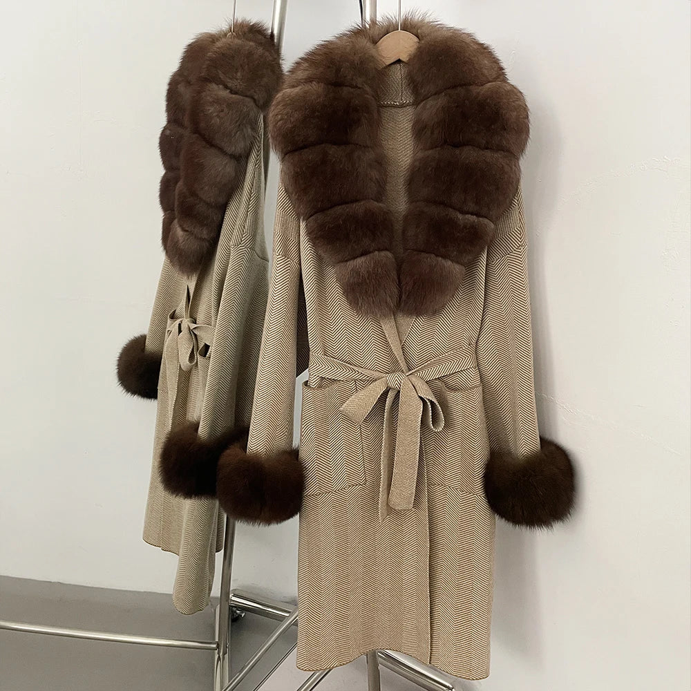 OFTBUY Winter Elegant Outerwear Warm Long Coat Lady New Women's Knit Coat with Large Real Fox Fur Collar Belted Cardigan Female