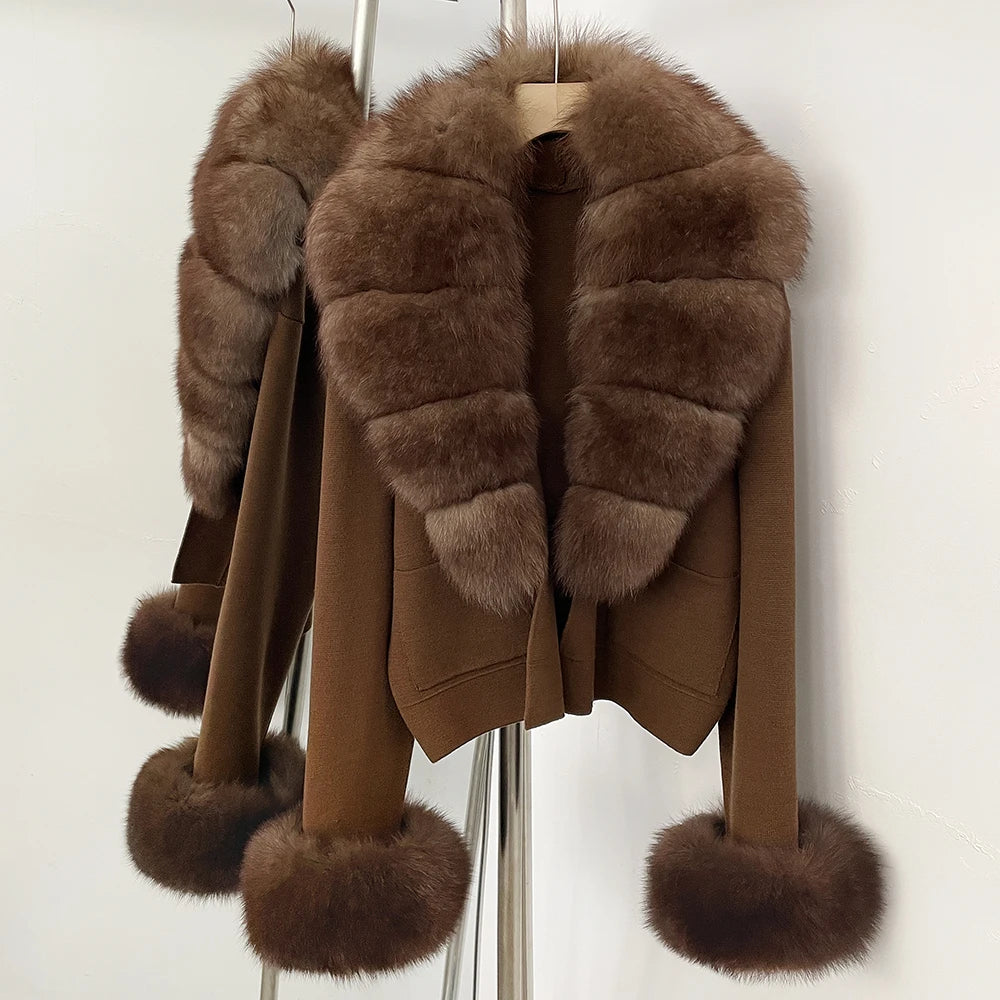 OFTBUY Loose Fit Warm Winter Fashion Lady Outerwear Sweater Female New Women's Knit Cardigan with Large Real Fox Fur Collar