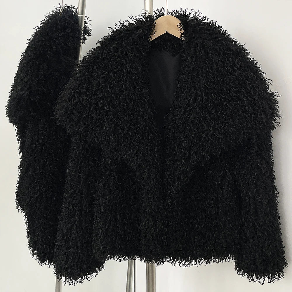 OFTBUY New Autumn Winter Clothes Women Fashion Big Collar Artificial Mongolia Sheep Fur Jacket Luxury Faux Fur Coat Fake Fur Overcoat