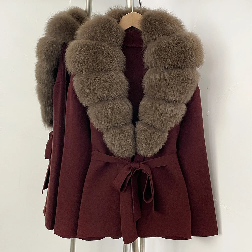 OFTBUY Fashion Real Fox Fur Collar Sweater Lady Loose Luxury Jacket Women's Clothes New Spring Autumn Belt Knit Cardigan Female