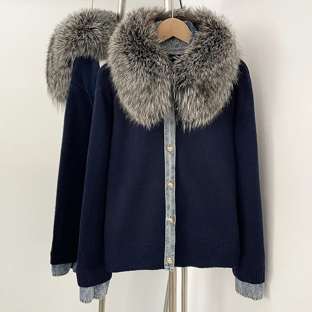 OFTBUY Denim Trim Warm Autumn Winter Fashion Outerwear Sweater Female New Women's Knit Cardigan with Large Real Fox Fur Collar