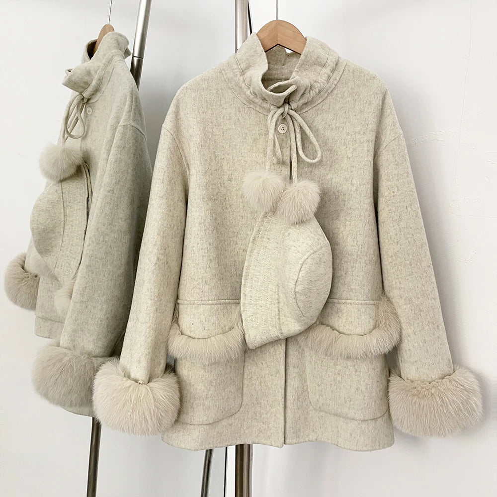 OFTBUY Loose Real Fox Fur 100% Wool Coat with Hat New Autumn Winter Top Clothes Women Natural Fur Cashmere Woolen Jacket Female