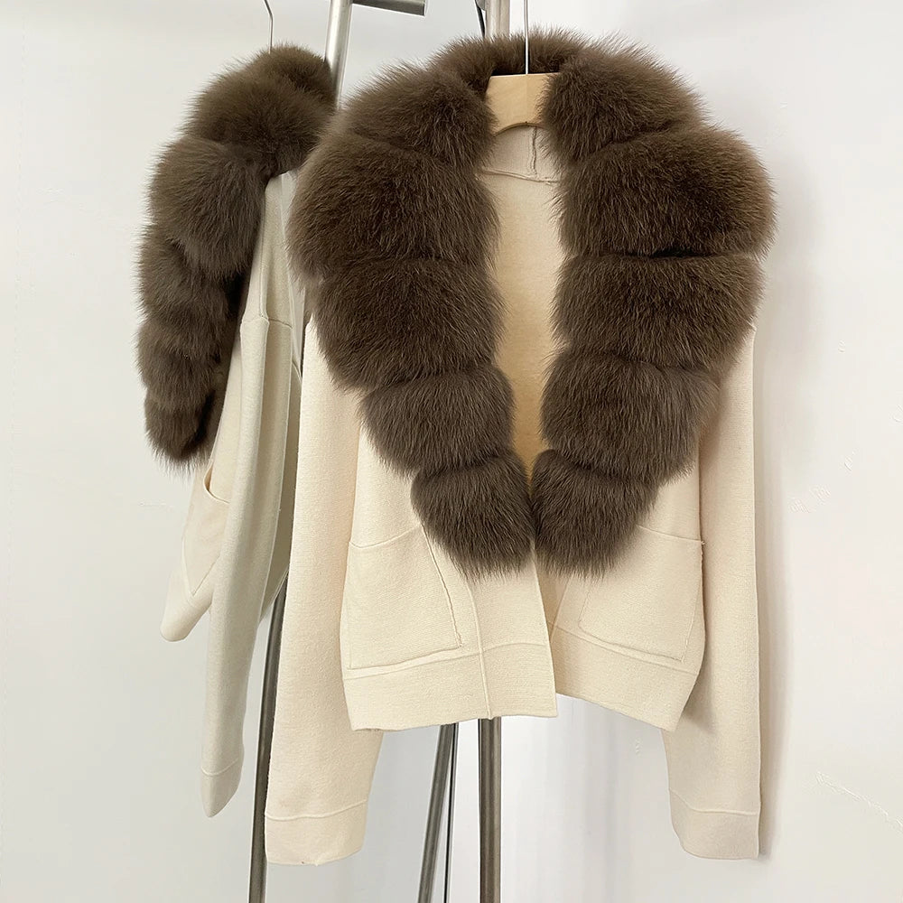 OFTBUY New Women's Knit Cardigan with Large Real Fox Fur Collar Loose Fit Warm Winter Fashion Lady Outerwear Sweater Female