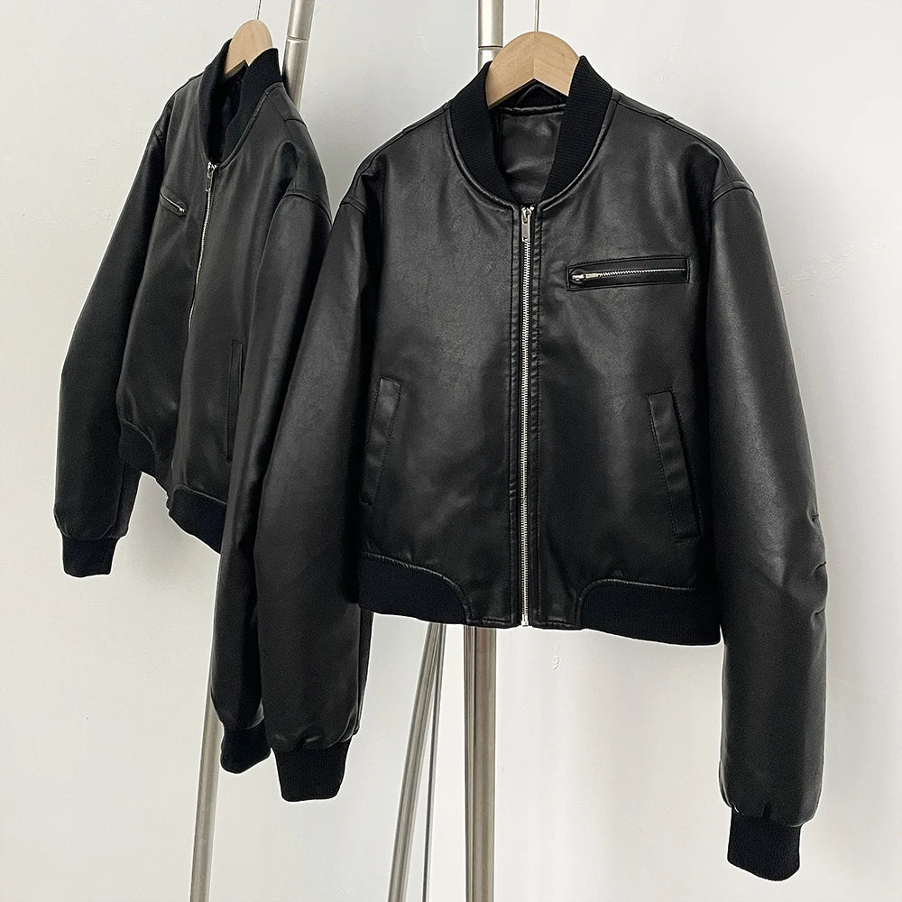 OFTBUY New Spring Autumn Faux Leather Jacket Female Fashion Knitted Collar Fake Leather Coat Women High Quality Black Clothes