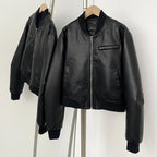 OFTBUY New Spring Autumn Faux Leather Jacket Female Fashion Knitted Collar Fake Leather Coat Women High Quality Black Clothes